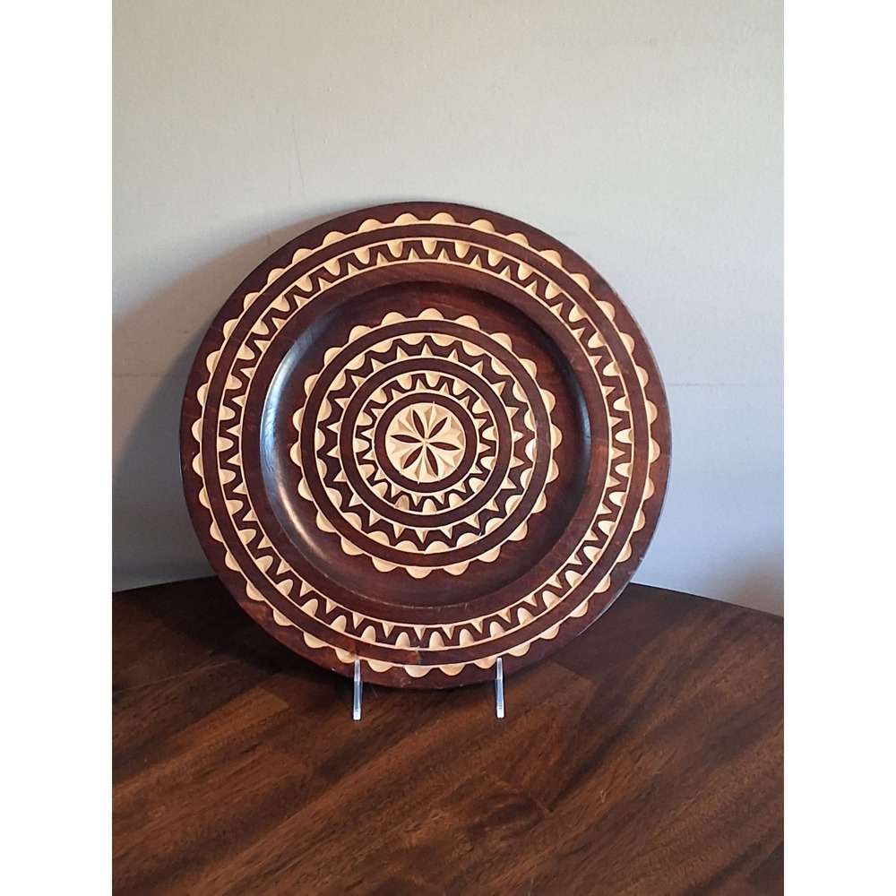 Vintage Polish Hand Carved Wood Decorative Plate Folk Art 1989 Made in Poland